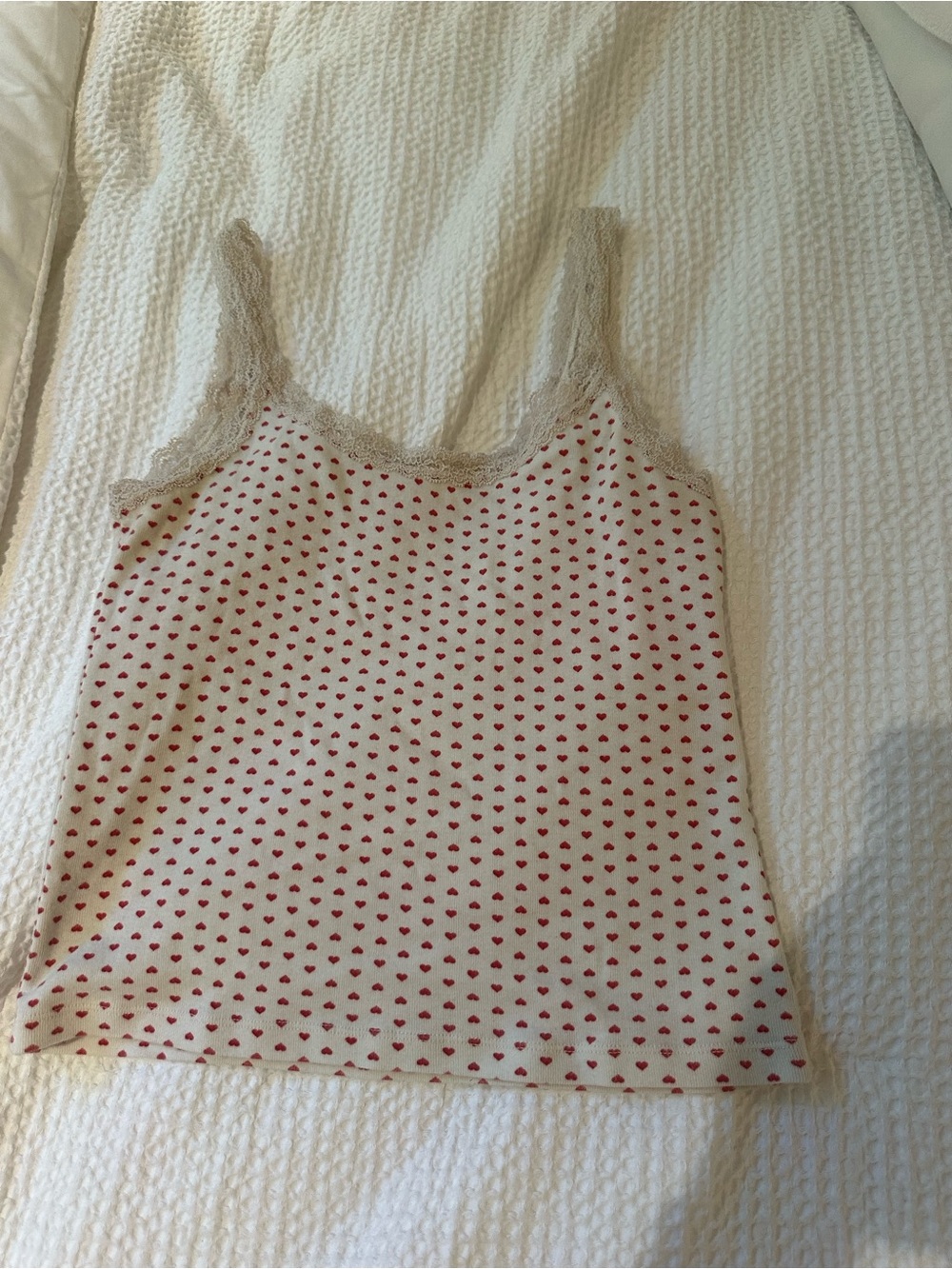 Brandy Melville Cream Cami with Red Heart Print and Lace Trim